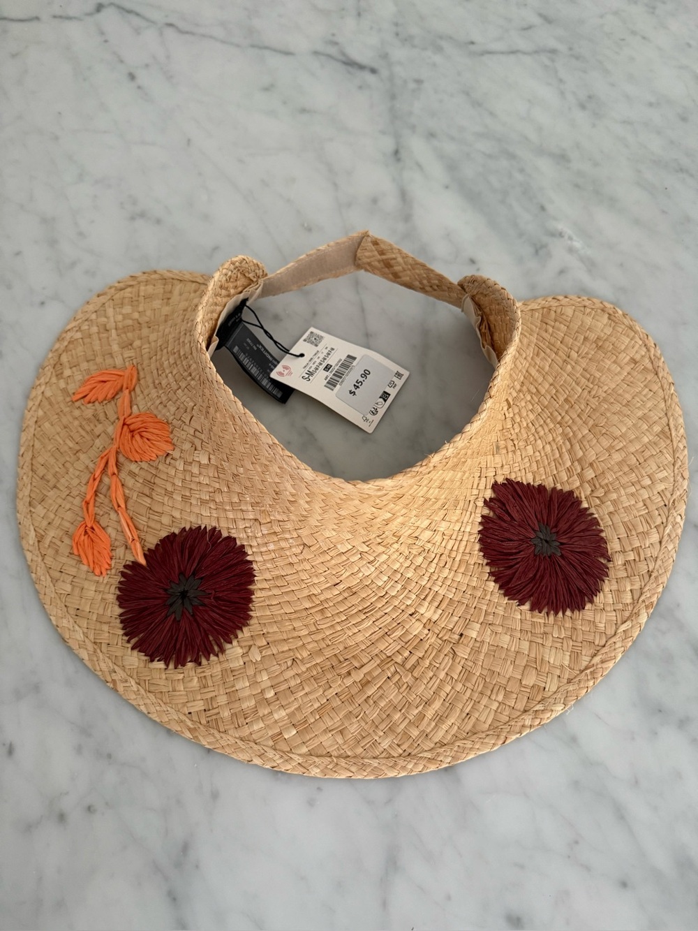Zara Straw Visor with Pink-Orange and Brown Floral Embroidery - Picture 2 of 5